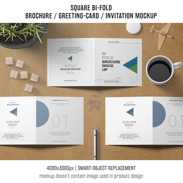 Square bi-fold brochure or greeting card mockup with still life concept