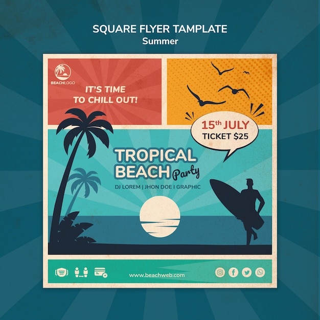 Квадратный шаблон флаера для тропической пляжной вечеринки