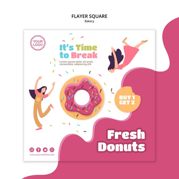 Square flyer template for sweet baked donuts