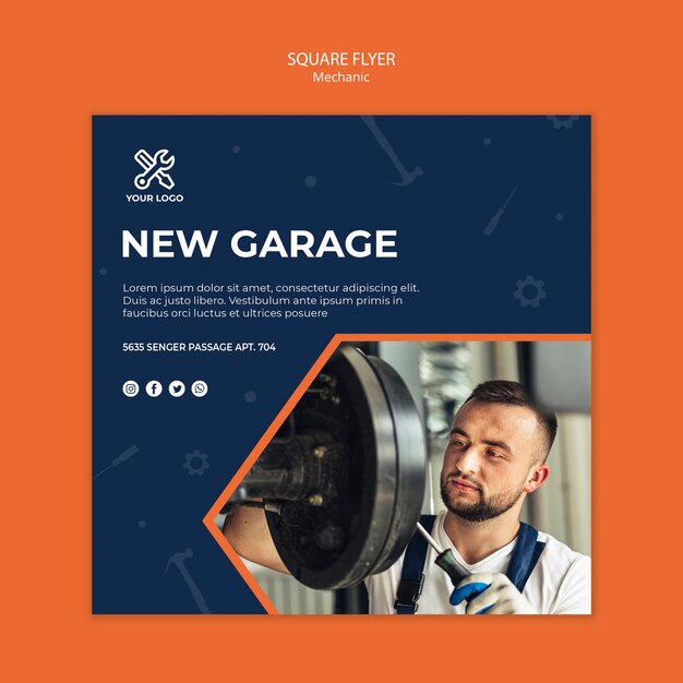 Square flyer template with mechanic at work