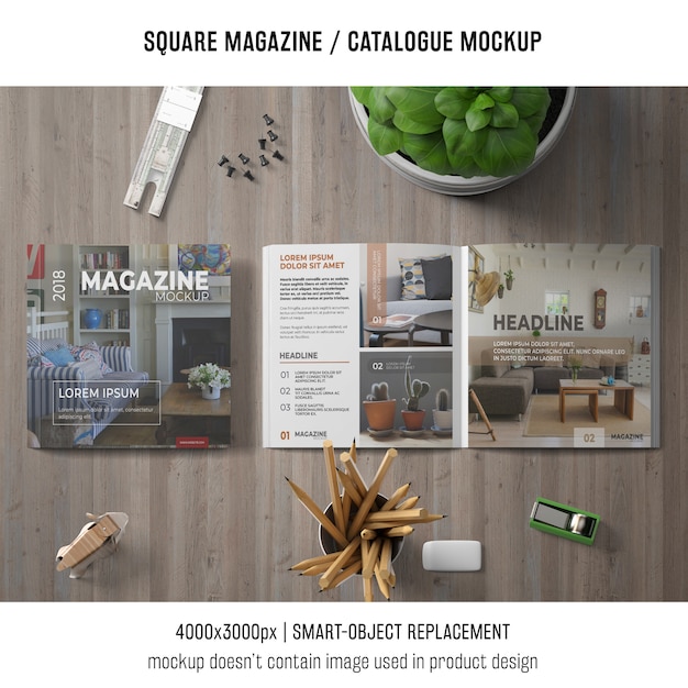 Free PSD square magazine or catalogue mockup on tabletop