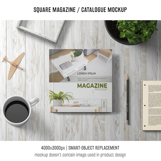 Square magazine or catalogue mockup with coffee free PSD download