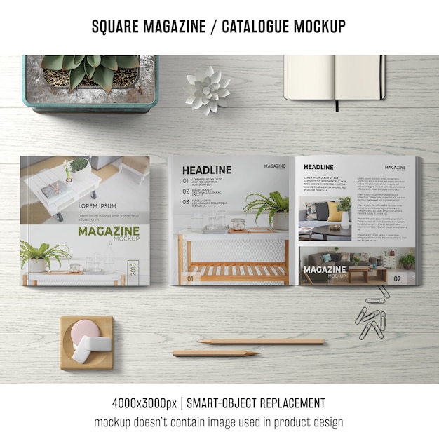 Free PSD square magazine or catalogue mockup with still life from above