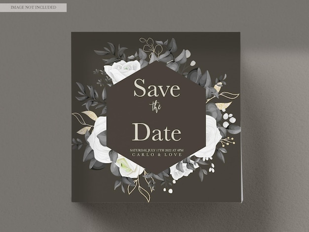 Free PSD a square save the date card with a floral design.