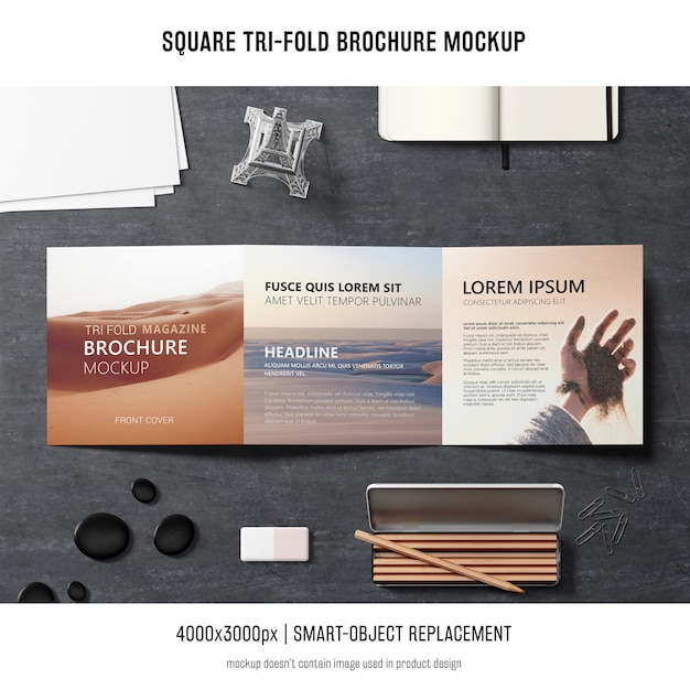 Square tri-fold brochure mockup for free PSD download