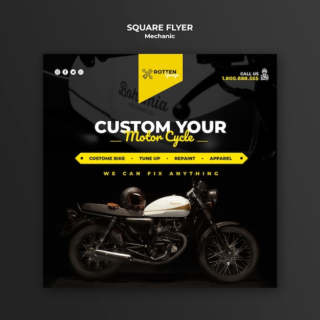 Squared flyer for motorcycle repair shop