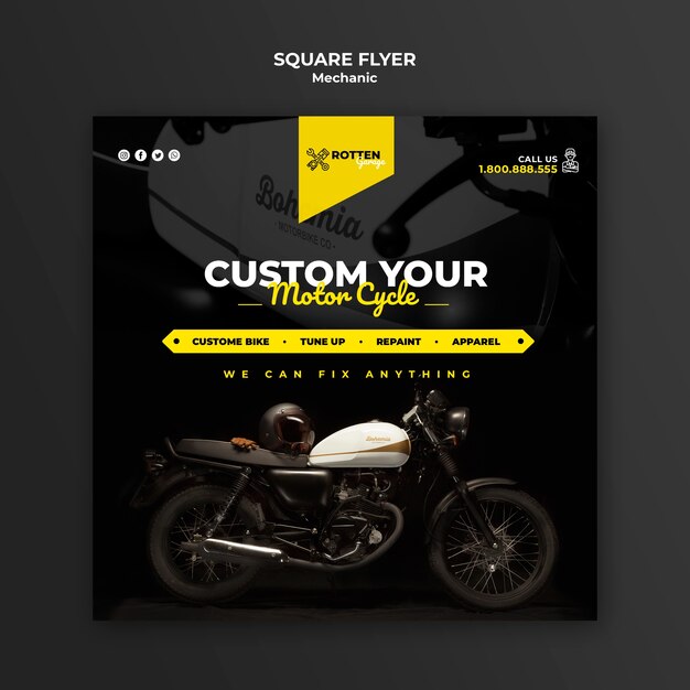 Squared flyer for motorcycle repair shop