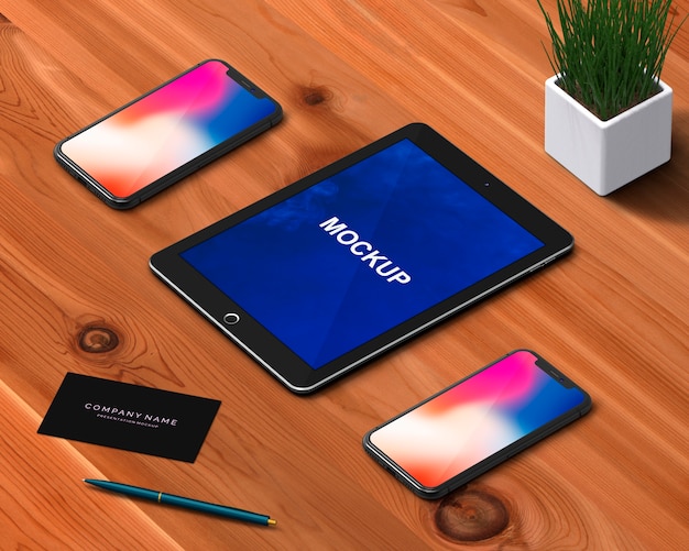 Stationery concept with tablet and smartphone mockup