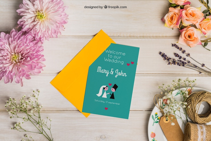मुफ़्त PSD stationery wedding mockup with envelope