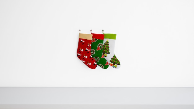 Stockings in different designs hanging on the wall