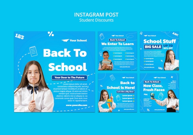 PSD gratuito modello di post di instagram con sconti per studenti