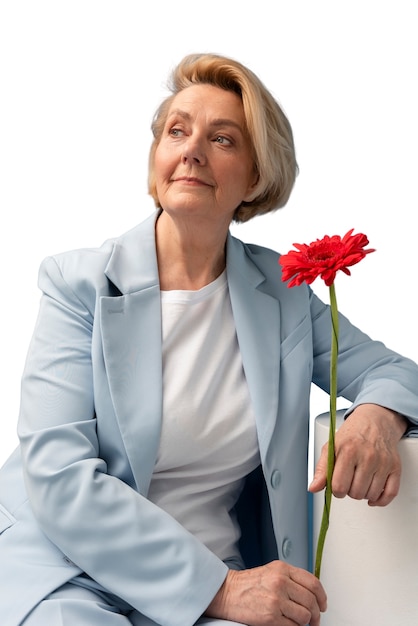 PSD gratuito ritratto in studio di donna anziana con fiori a margherita