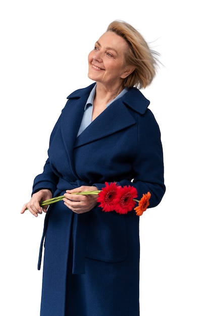 Studio portrait of elderly woman with daisy flowers