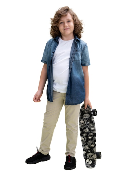 studio portrait of young boy with skateboard