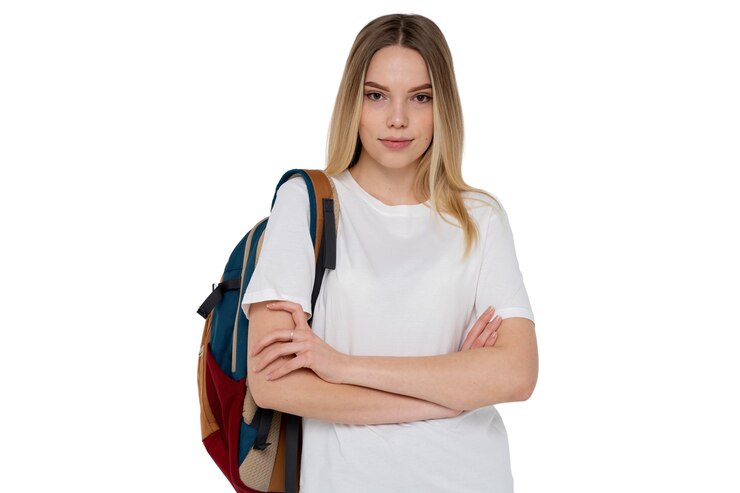 Free PSD studio portrait of young teenage student girl with backpack
