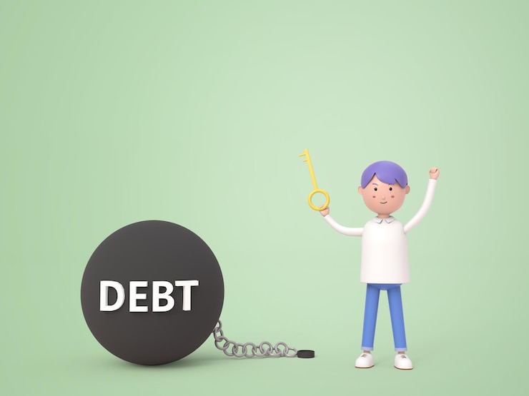 Free PSD successful businessman holding golden key after unlock debt burden chain on isolated background