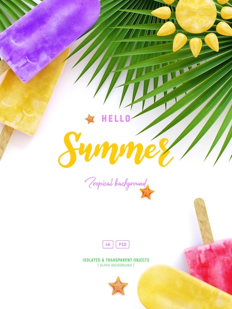 Summer Background mockup template with decorative tropical leaves and Popsicle 3D illustration