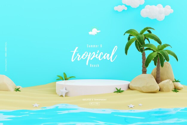 summer background template composition with cute podium stage palm trees and beach objects