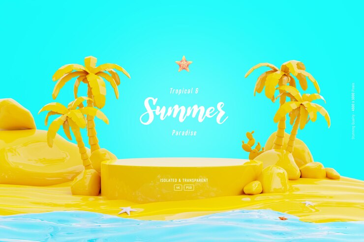 Free PSD summer background template composition with podium stage palm trees and beach objects