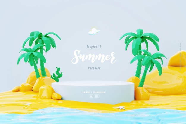 summer background template composition with podium stage palm trees and beach objects