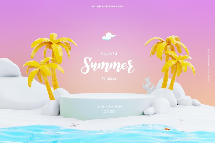 Free PSD summer background template composition with podium stage palm trees and beach objects