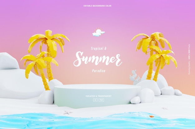 summer background template composition with podium stage palm trees and beach objects