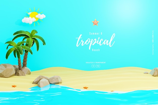 Free PSD summer background template composition with sandstones palm trees and cute beach objects