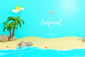 夏天免费PSD的背景模板与砂岩的棕榈树和可爱的海滩对象组成