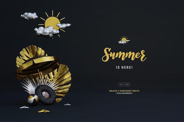 Free PSD summer background template composition with tropical leaves and beach objects dark scene