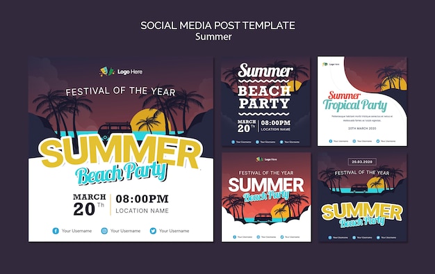 Шаблон поста в социальных сетях на летней пляжной вечеринке
