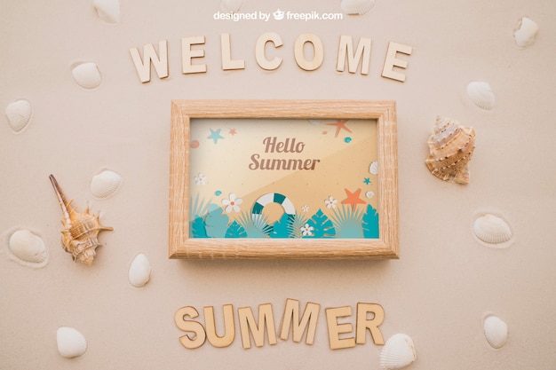 Free PSD summer concept with frame in sand