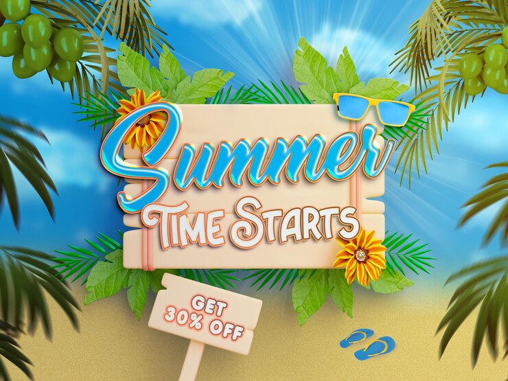 मुफ़्त PSD summer discount sale banner template with colorful beach elements