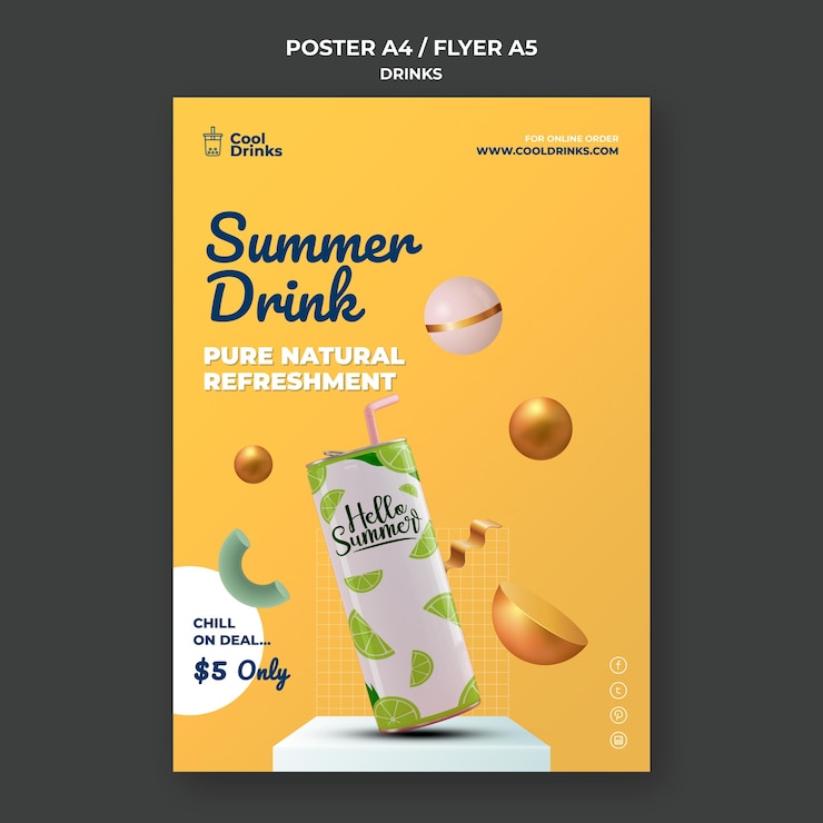 Free PSD summer drinks pure refreshment soda with straw poster