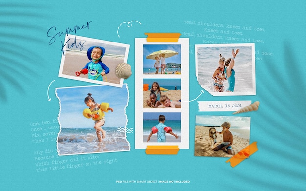 夏の子供たちのムードボードコラージュ写真のモックアップ Premium Psd