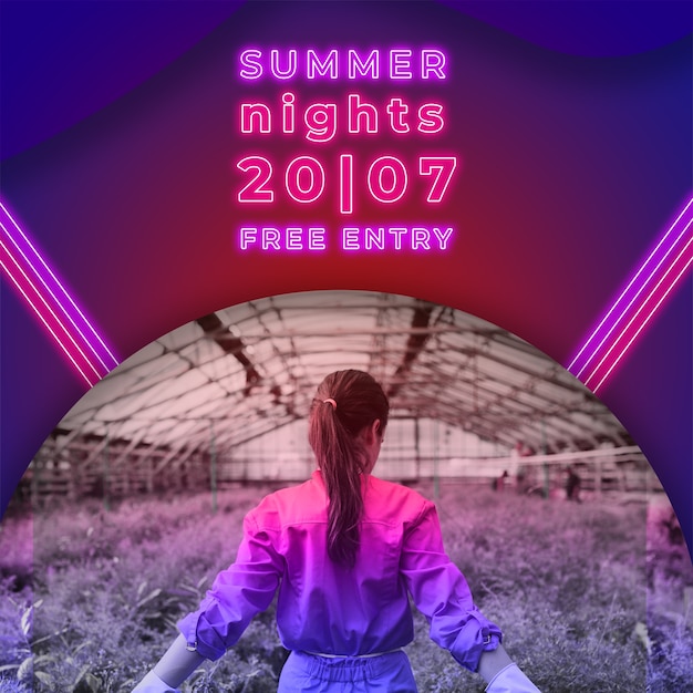 Free PSD summer nights party banner in neon lights style