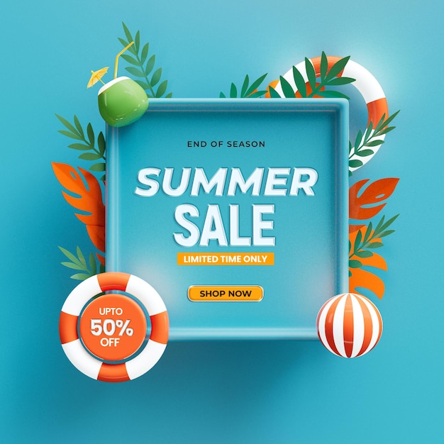 Free PSD summer sale banner discount poster with 3d summer element composition