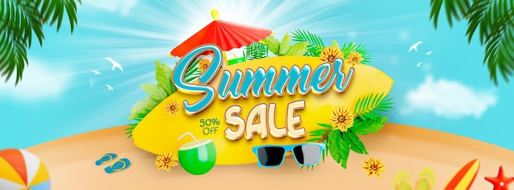 मुफ़्त PSD summer sale facebook cover template with colorful beach elements