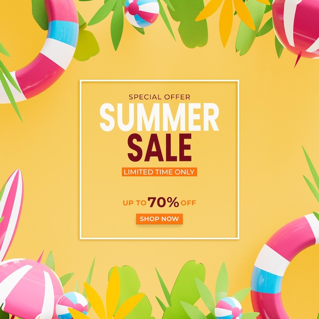 Free PSD summer sale social media post template with 3d beach elements