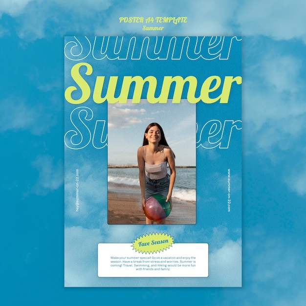 Free PSD summer vertical poster template with people on the beach