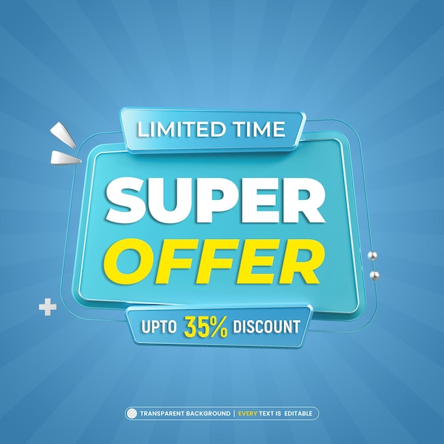 Free PSD super offer sale banner with editable text template 3d render