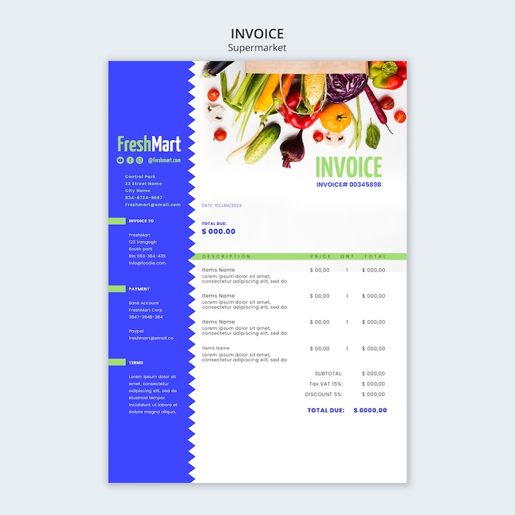 Free PSD supermarket business with fresh produce invoice template