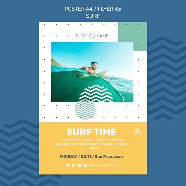 Modello di poster pubblicitario di surf