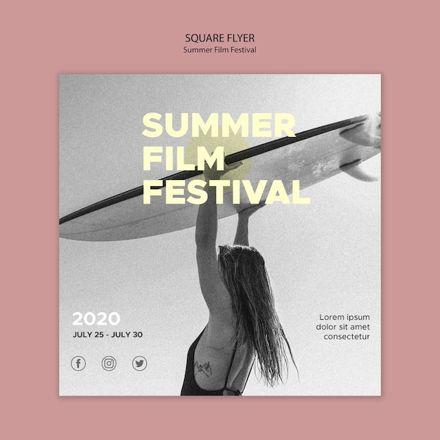 무료 PSD 서핑과 여름 영화제 광장 전단지 템플릿