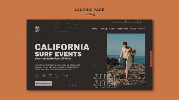 PSD gratuito modello di pagina di destinazione della competizione di surf