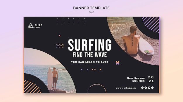 PSD gratuito modello di banner orizzontale di lezioni di surf con foto