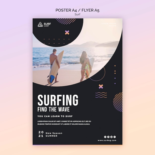 Free PSD surfing lessons poster with photo