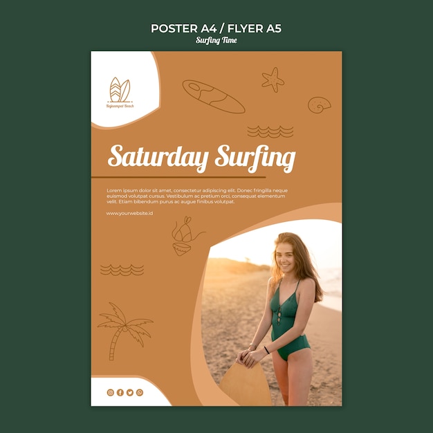 PSD gratuito modello di tema di surf poster