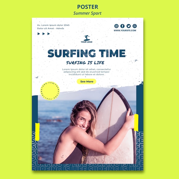 Free PSD surfing time summer poster template