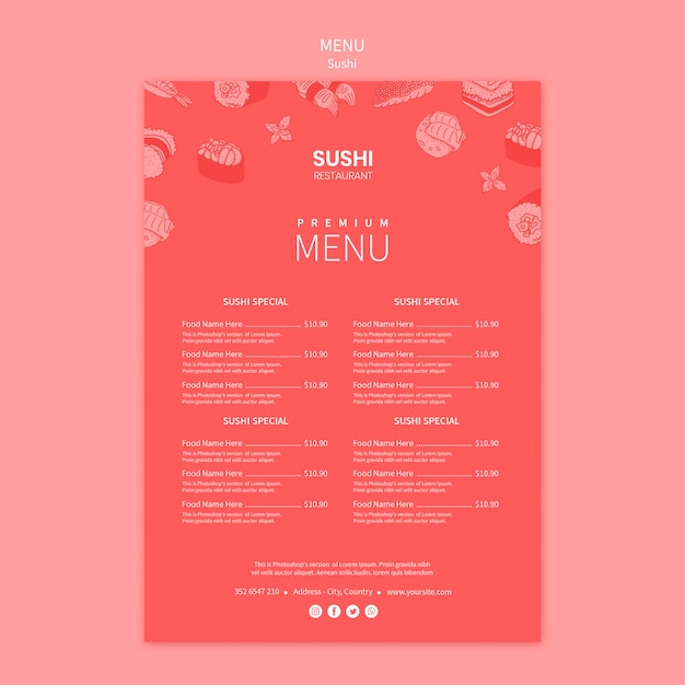 Concetto di modello di menu di sushi