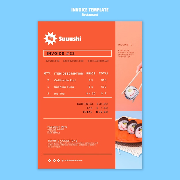 Free PSD sushi restaurant invoice template